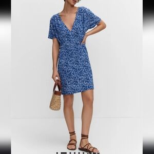 MANGO Women's Blue Floral Textured V-Neck Stretch Summery Mini Dress Size 18